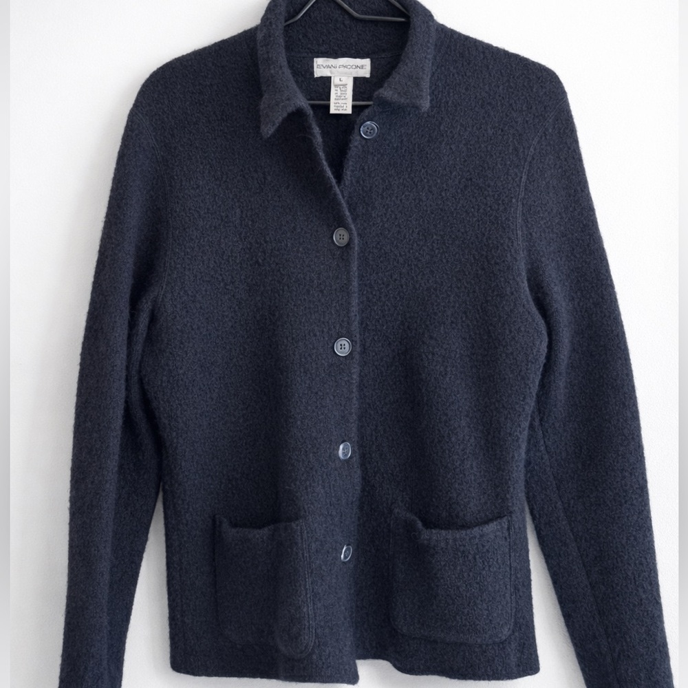Evan Picone Boiled Wool Jacket Charcoal Gray Minimalist Button Front L - Picture 2 of 7